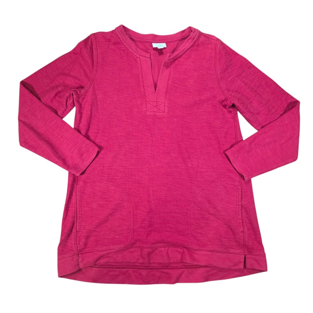 J. Jill Red Slub Knit Split Neck Tunic Top with Pockets Women Medium Long Sleeve